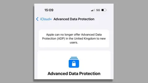 Apple A screenshot of an iPhone screen displaying a notice on its Advanced Data Protection settings page for UK users reads 