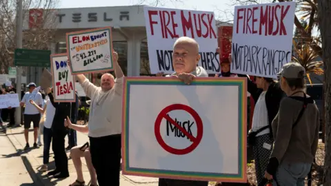 Reuters Protesters hold an array of signs; one has Elon Musk's name written on with a big red warning sign over the top and another urges the government to 