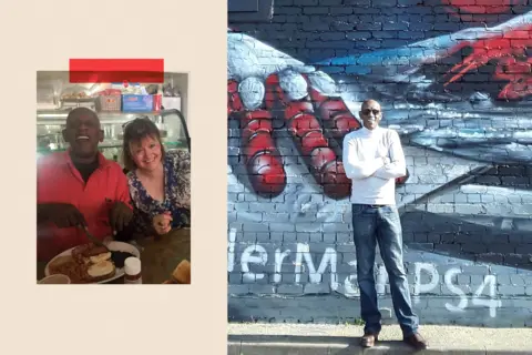 Gillian Holtom On the left a image of Terry Leader and  Gillian Holtom and on the right, Terry poses for a picture in front of a large mural