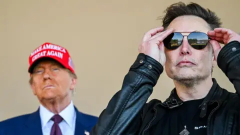 Getty Images Donald Trump wears a red cap, and Elon Musk wears sunglasses