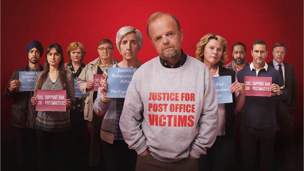 The promotional image of all the actors in ITV's drama about the Post Office scandal