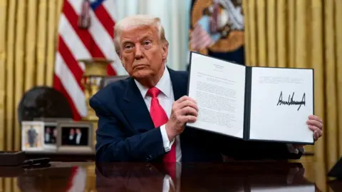 EPA Trump holds up an executive order in the Oval Office, showing a pause in some tariffs on Mexico and Canada