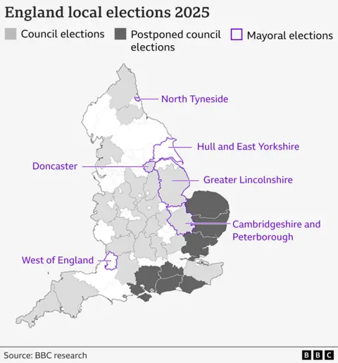 A map showing where local elections are taking place in England on Thursday 1 May 2025, including the six mayoral contests. 