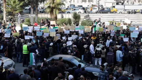 Reuters A zoomed-out image of lots of people, some holding flags and others signs in a public area with trees and a road behind them