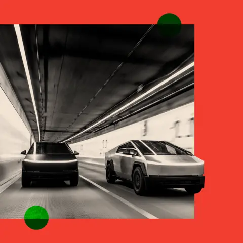 BBC A black-and-white image of two Tesla Cybertrucks driving on a highway