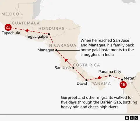 A map showing Gurpreet's journey through Central America, starting with a five-day trek across the Darién Gap, through Panama, San Jose in Costa Rica and Managua in Nicaragua. At these stops, his family paid instalments to the people smuggler in India. He then continued north, through Honduras and Guatemala, until he reached Tapachula in Mexico.