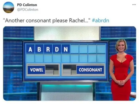 BDColinton A mock-up of the word game in Countdown, with the letters 'ABRDN' in the background, with text reading 'Another consonant please Rachel...