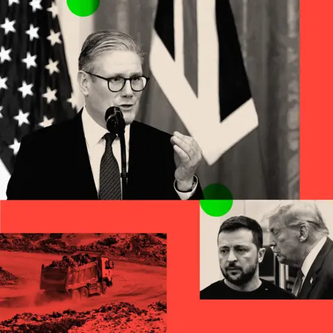 BBC A collage featuring an image of Sir Keir Starmer, Donald Trump, Volodymyr Zelenskyy and a military truck 