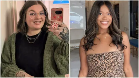 Jess Phillips and Branneisha Cooper Composite image of two photos of different woman: A woman in a black outfit, green cardigan and glasses smiles as she takes a selfie on her phone in a mirror in a house; A woman in a leopard-print dress and long brown hair smiles at the camera