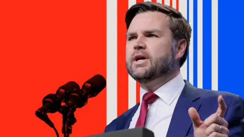 BBC Design image of JD Vance wearing a blue suit and red tie standing in front of a microphone with red, white and blue stripes in the background