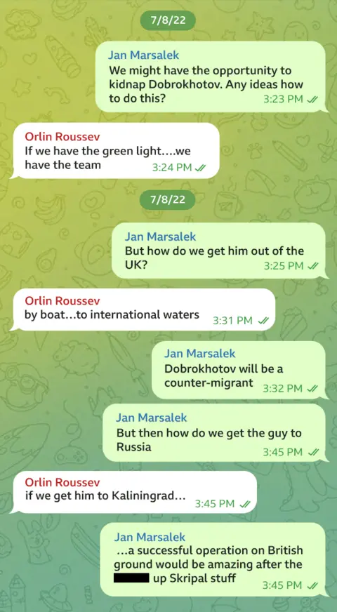 Telegram message exchange between Jan Marsalek and Orlin Roussev dated 7/8/22. 