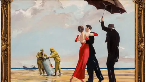 SOTHEBY'S Crude Oil (Vettriano) by Banksy shows a couple dancing on a storm-swept beach accompanied by their butler and maid, but with two figures in yellow hazmat suits disposing of an oil drum in the background.