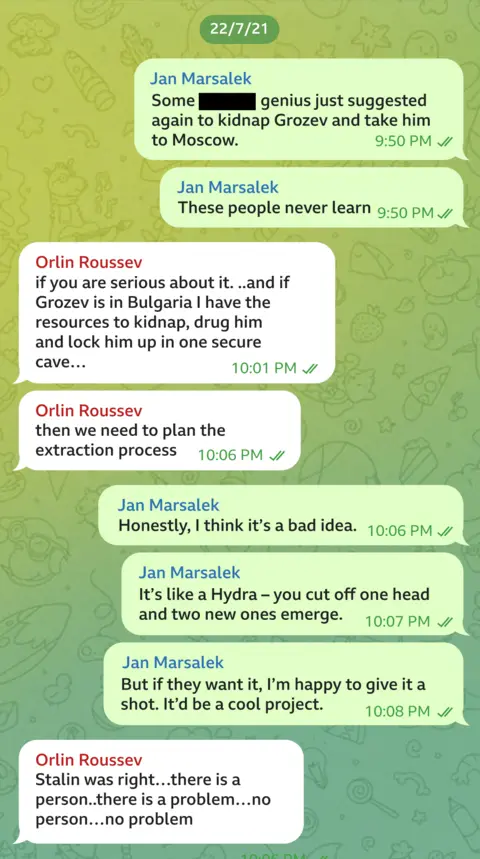 Telegram message exchange between Orlin Roussev and Jan Marsalek dated 22/7/21. JM writes: 